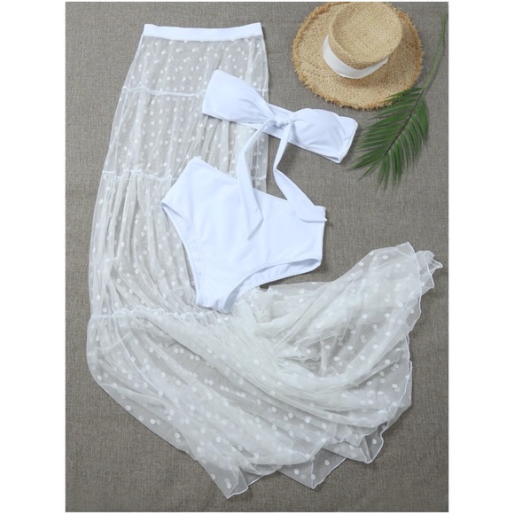 3 piece front tie black bikini dot maxi skirt set - Picture 5 of 7